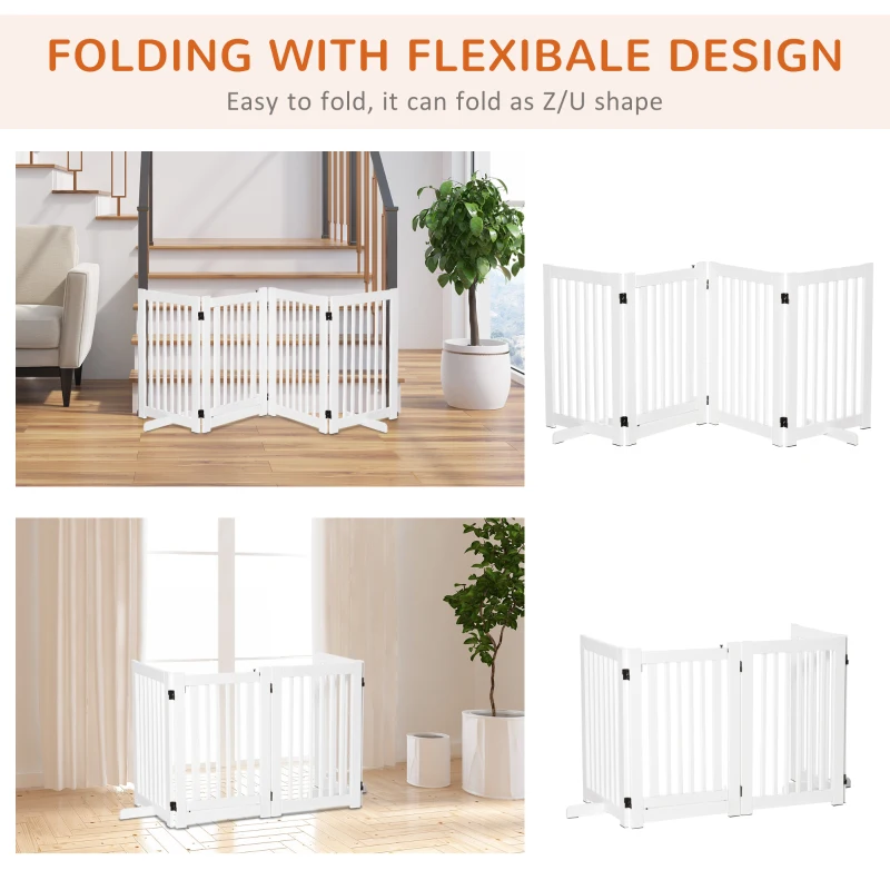 PawHut Free Standing Wooden Pet Gate Indoor Dog Barrier Foldable Step Over Doorway Fence Safety Gate with Open Door Z Shape 4 Panel