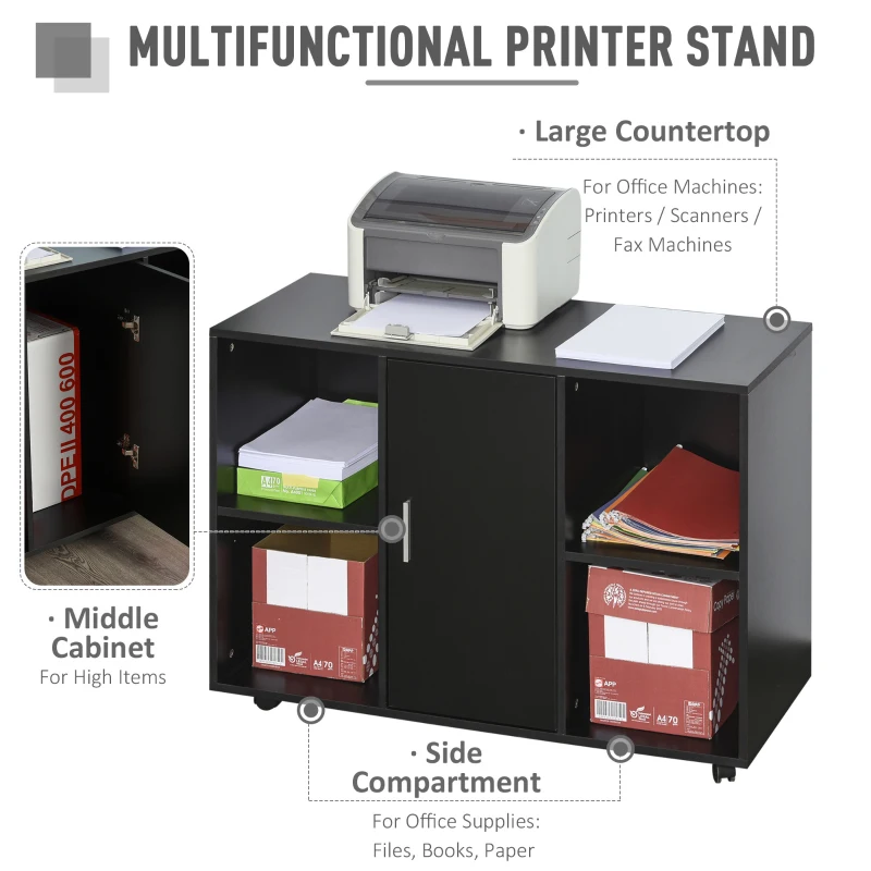 Vinsetto Mobile File Cabinet and Printer Stand for Home Office, Mobile Printer Table with 4 Open Storage Shelves, Door Cabinet, Wheels, Black