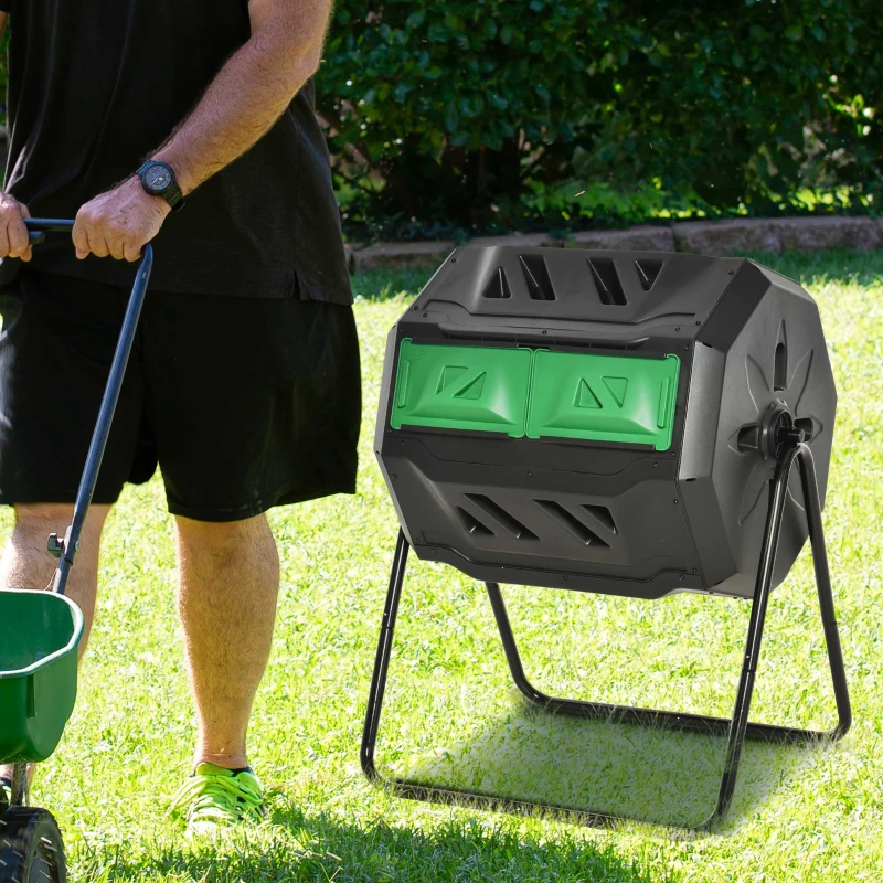 Outsunny Tumbling Compost Bin Outdoor 360° Dual Chamber Rotating Composter 43 Gallon, Green(m-9)
