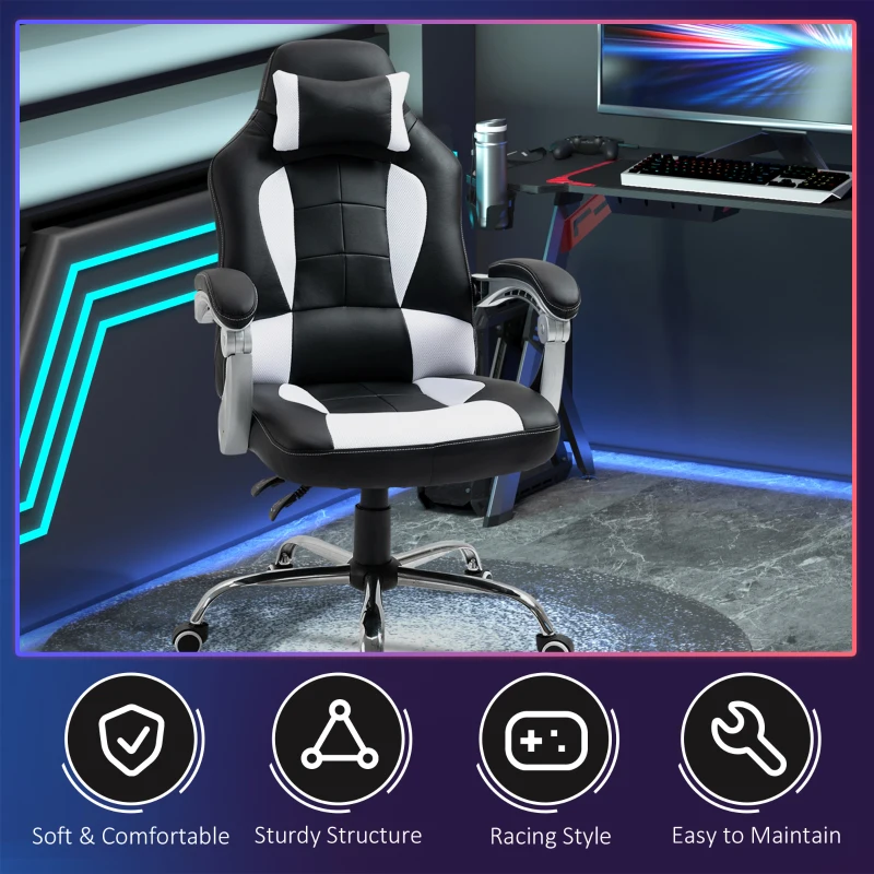 HOMCOM High Back Office Chair, Executive Racing Gaming Chair, Adjustable Recliner with Removable Headrest Pillow for Office, White and Black