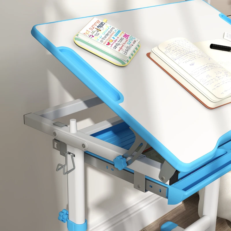 Qaba Height Adjustable Study Table and Chair Set with Drawer, Pen Slot, Tiltable Desktop, Hook, Blue