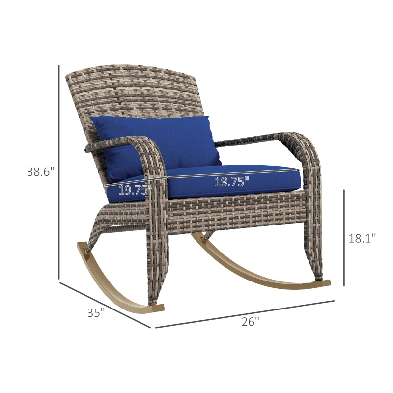 Outsunny Adirondack Chair, Outdoor Wicker Rocking Chair with High Back, Seat Cushion, and Pillow for Porch, Balcony, Dark Blue