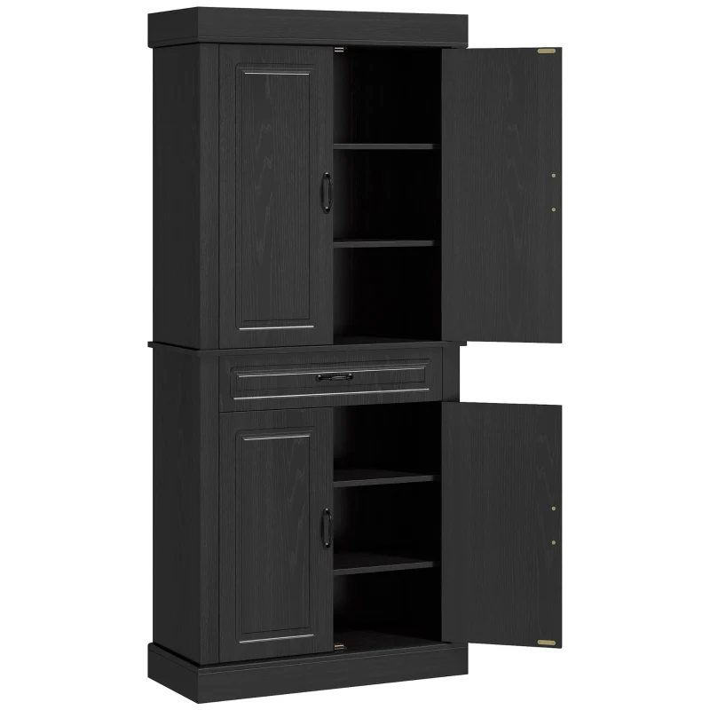 HOMCOM 71" Freestanding Kitchen Pantry with 4 Doors and 2 Cabinets, Tall Storage Cabinet for Kitchen, Distressed Black