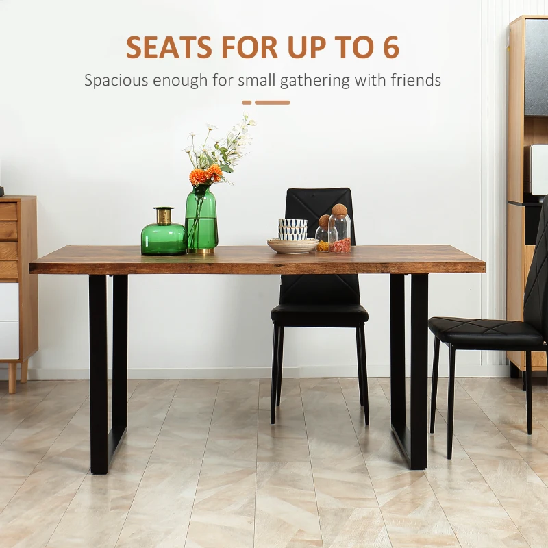 HOMCOM 63" Kitchen Table, Industrial Dining Table with Wave-edged Tabletop and Steel Legs for Up to 6 People, Rustic Brown