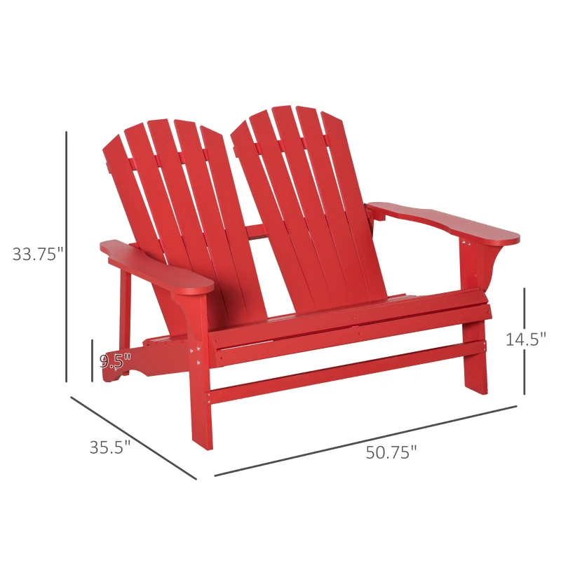 Outsunny 2 Person Adirondack Loveseat, Fire Pit Chair for 2, Wooden Double Adirondack for Patio, Porch, Backyard, Garden with High-back, Wide Armrests, Red