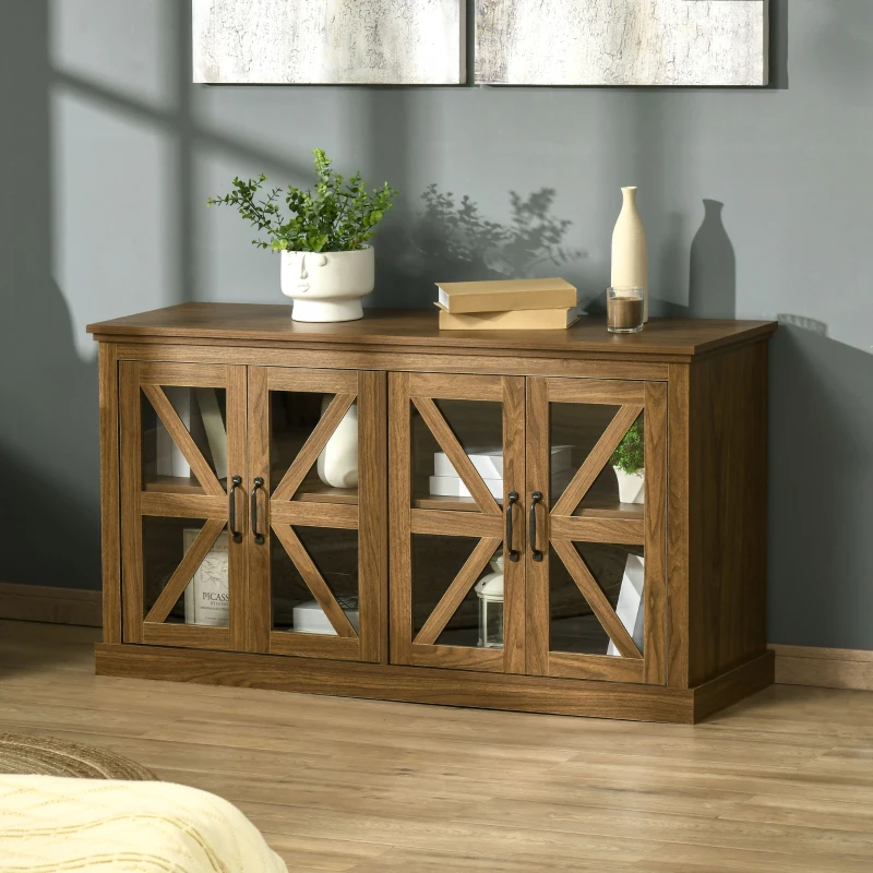 HOMCOM Sideboard Buffet Cabinet, Glass Door Credenza, Coffee Bar Cabinet with Adjustable Shelf, Natural