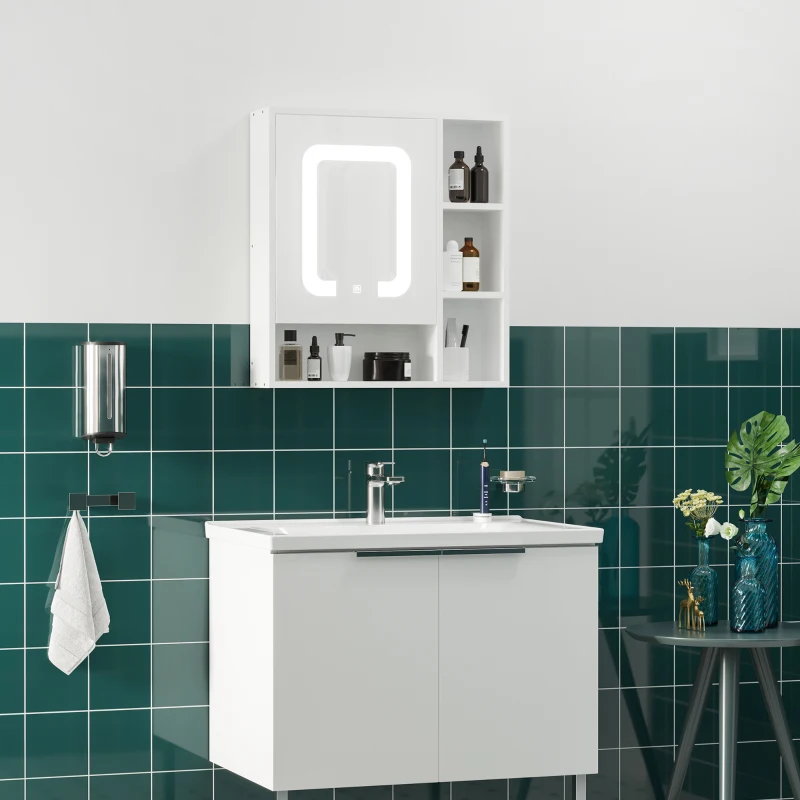 kleankin Lighted Medicine Cabinet, Wall-Mount Bathroom Cabinet with Mirror, LED Lights, Dimmer Touch and USB Charge, Bathroom Mirror Cabinet with Adjustable Shelf and Soft Close Door, White