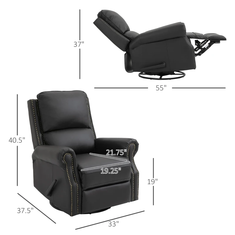 HOMCOM Manual Recliner Chair PU Leather Office Home Theater Single Sofa with Arm, Footrest, Nailhead Trim Padded Seat, 360° Swivel and Rocking Function for Living Room Bedroom Brown