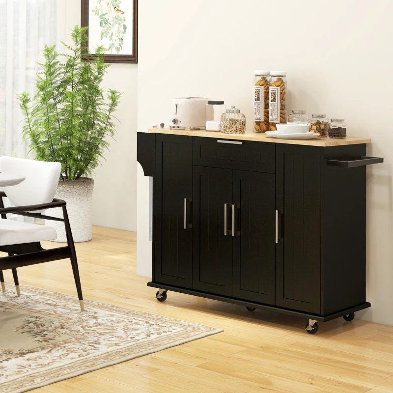 HOMCOM Modern Rolling Kitchen Island Cart with Drawers, Natural Wood Top, Towel Rack, Door Storage Cabinet,  Black