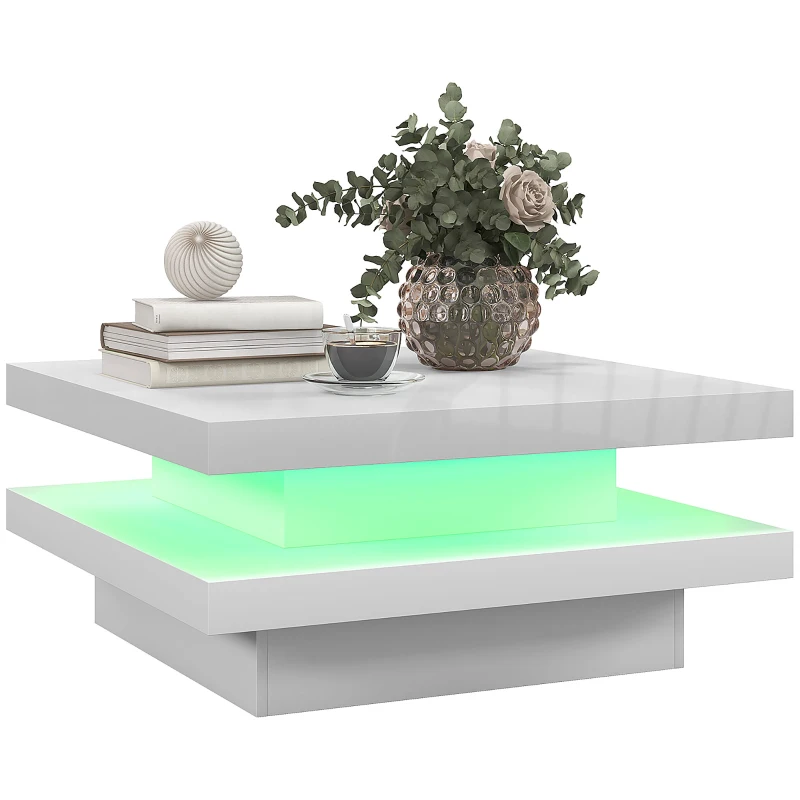 HOMCOM Square Coffee Table with 7 LED Lights and Remote, 2-Tier Modern Center Table for Living Room, White