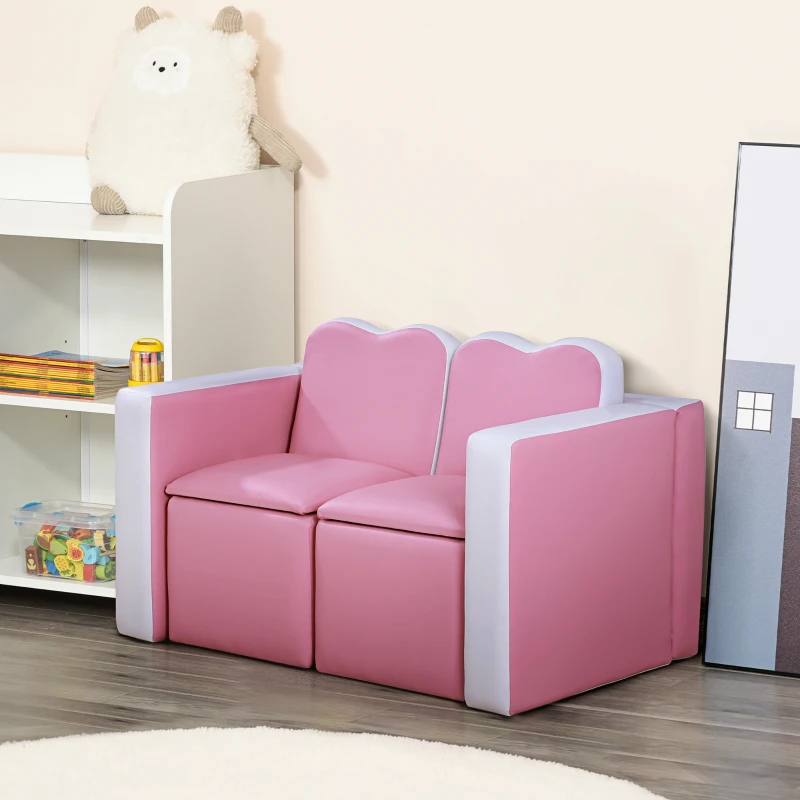 Qaba Kids Sofa Set 2-in-1 Multi-Functional Toddler Table Chair Set 2 Seat Couch Storage Box Soft Sturdy Pink