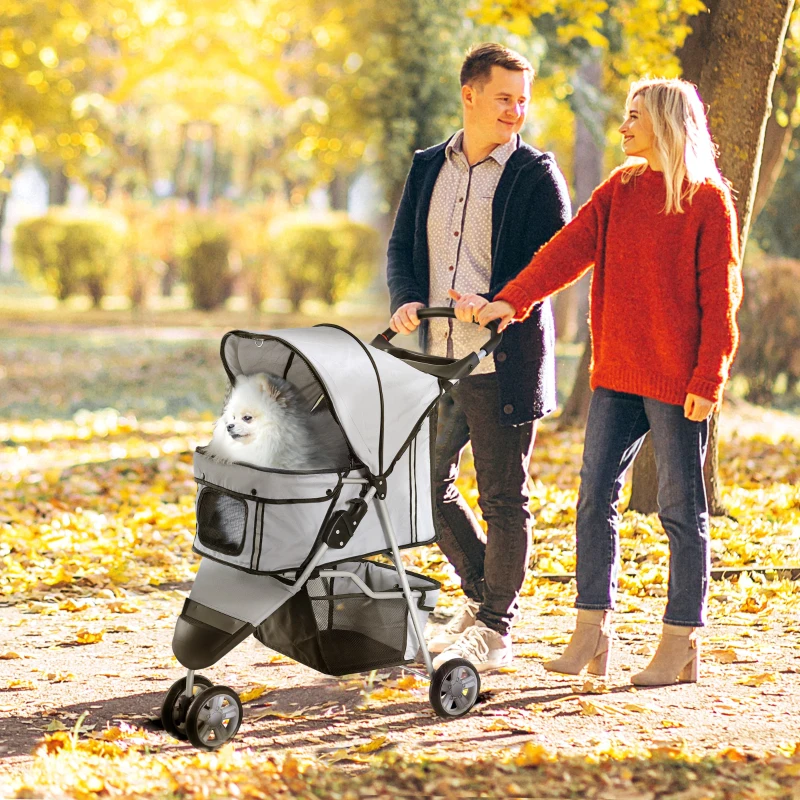 PawHut 3 Wheels Foldable Dog Stroller with Storage Basket, Adjustable Canopy, Cupholder for Miniature and Small Dogs, Grey