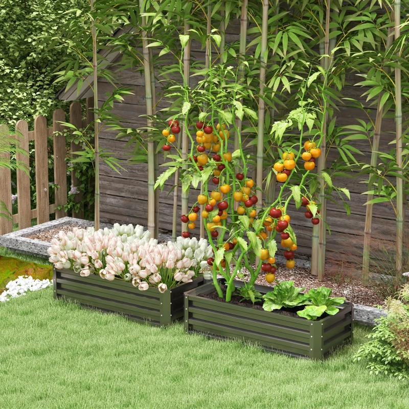 Outsunny Galvanized Raised Garden Beds, Outdoor Planter Box, Set of 2, for Flowers, Herbs and Vegetables, Dark Grey