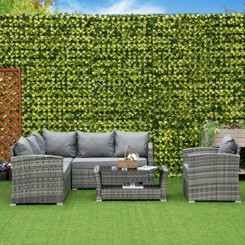 Outsunny 5 Pieces Wicker Patio Furniture Set with 4" Thick Cushions, Outdoor PE Rattan Garden Conversation Sectional Sofa Set with Glass Top Two-tier Coffee Table, Grey