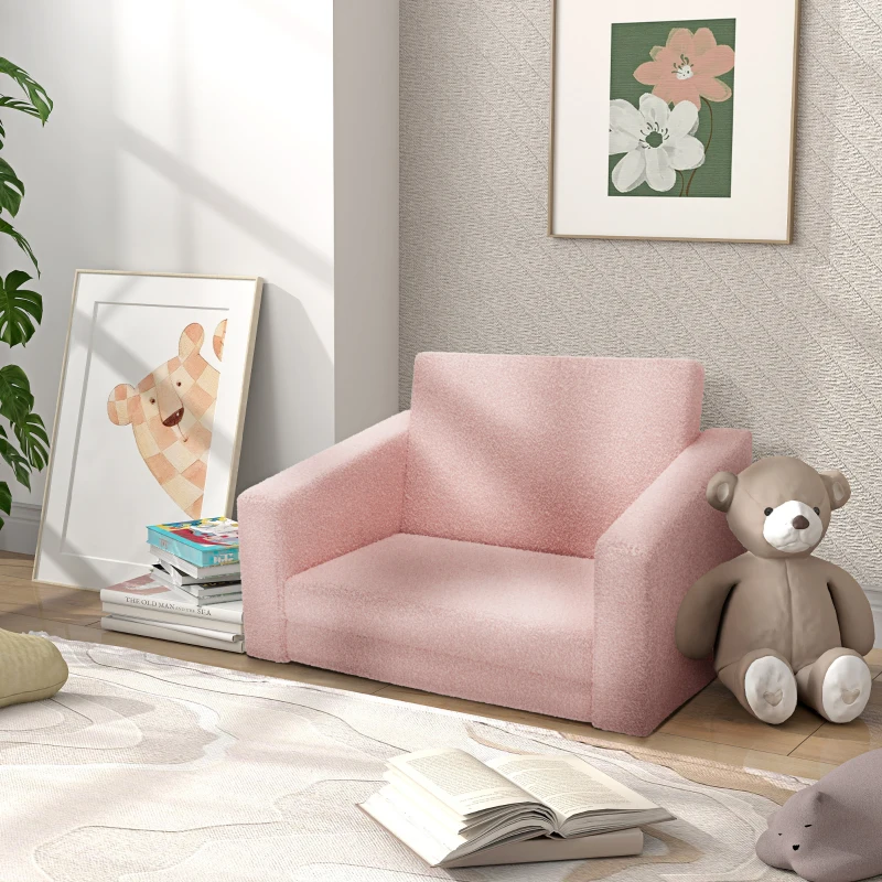 Qaba 2 in 1 Kids Fold Out Chair Convertible Sofa to Lounger w/ Washable Cover for Boys and Girls, Pink