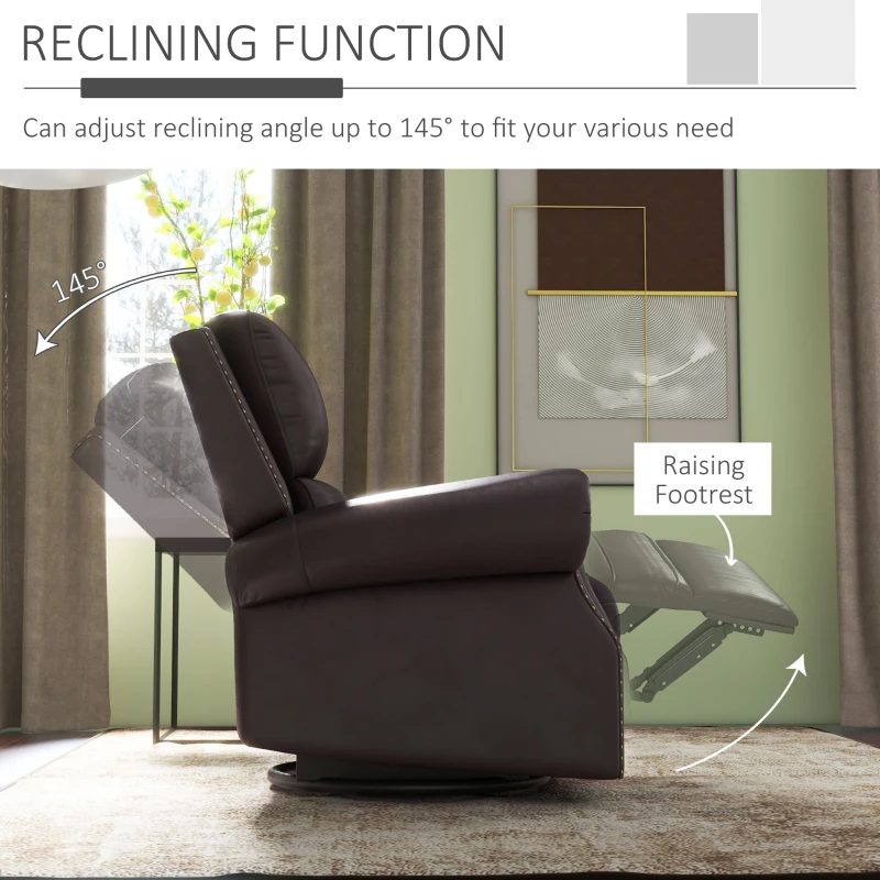 HOMCOM Swivel Recliner Chair, Reclining Sofa, PU Leather Rocker with Thick Padded Back and Seat for Living Room, Brown