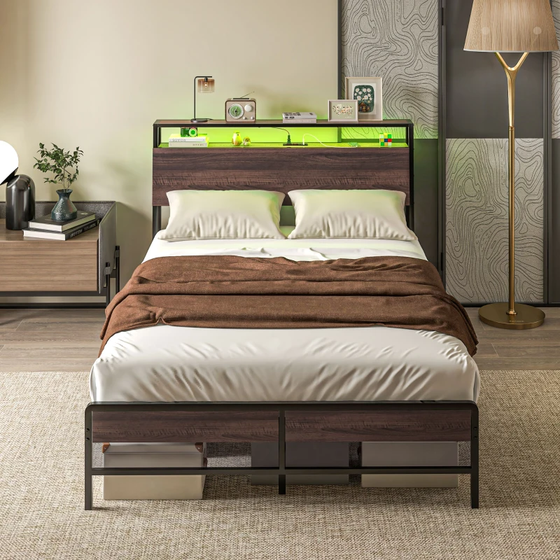HOMCOM Full Size Bed Frame with LED Lights and Charging Station, Full Bed Frame with Storage Headboard, Noise-Free, Walnut