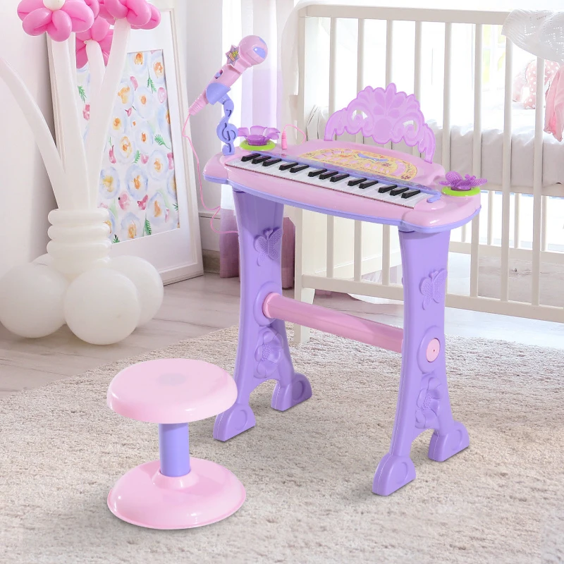 Qaba 32-Key Princess Electronic Toy Piano for Kids, Educational Keyboard Piano with Stool, MP3, Record, Flashing Lights, Microphone for 3-6 Years, Pink
