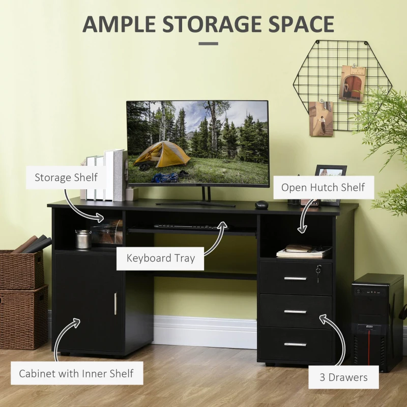HOMCOM 57" Computer Desk with Drawers, Home Office Desk with Keyboard Tray, Open Shelves and Lockable Drawer, Writing Workstation for Study, Black