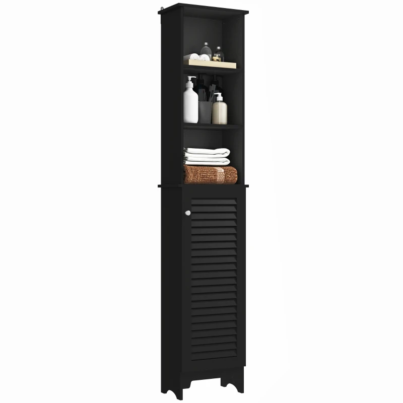 HOMCOM Tall Bathroom Storage Cabinet, Freestanding Linen Tower with 3-Tier Open Adjustable Shelf, Black