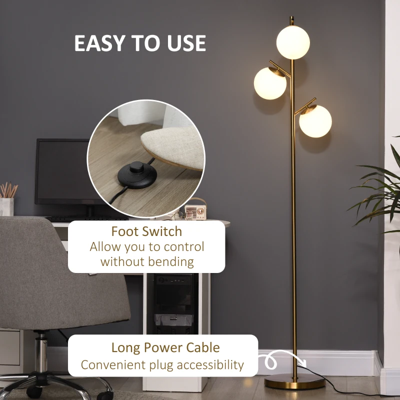 HOMCOM Modern 3-Light Floor Lamp for Living Room, Tree Standing Lamp with Globe Lampshades, 10.75"x10.75"x66.5", Gold