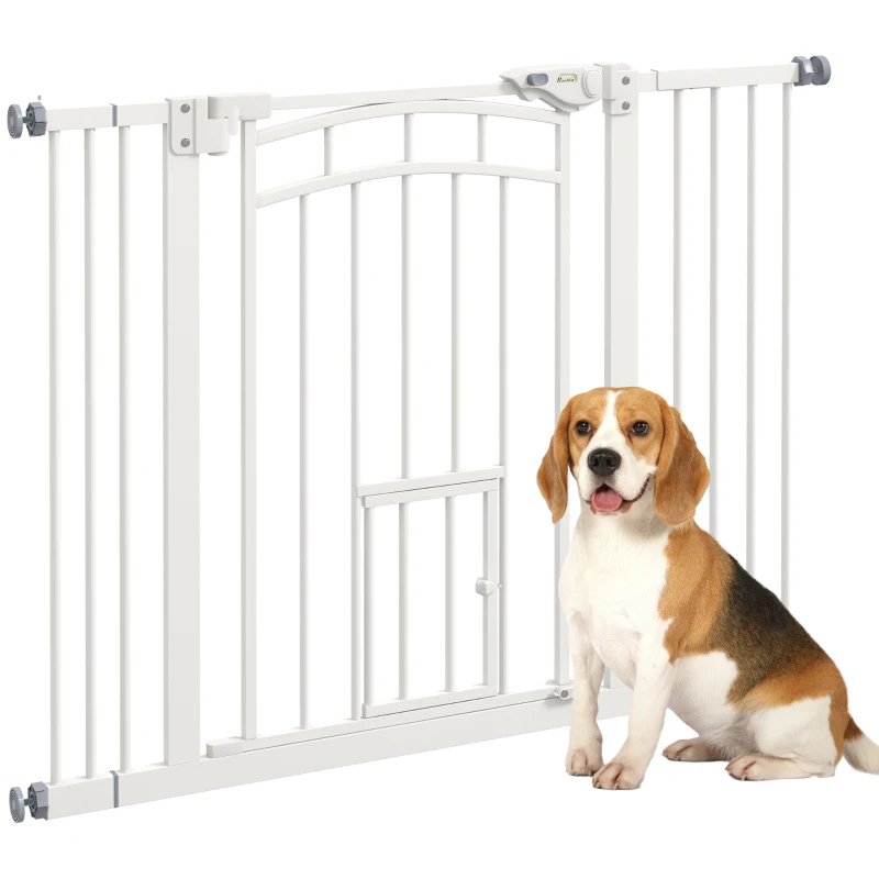 PawHut Auto-Close Pet Gate, Stair Gate with Cat Door, Double Locking for Doorways Hallways Stairs, Fits 29"-39.4" Wide, White