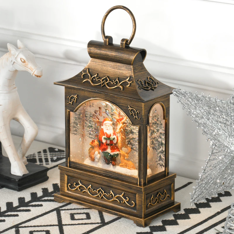 HOMCOM Musical Christmas Snow Globe, Lighted Lantern Snow Globe with Swirling Glitter, Battery Operated Xmas Decoration, Bronze