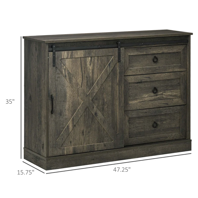 HOMCOM Farmhouse Kitchen Sideboard, Buffet Cabinet with Sliding Barn Door and 3 Storage Drawers for Living Room, Dark Gray