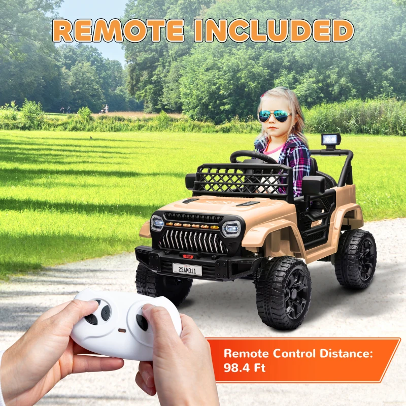 Qaba 12V Battery Powered Ride On Truck, Kids Electric Car with Spring Suspension, Remote, Horn, USB Music, Khaki
