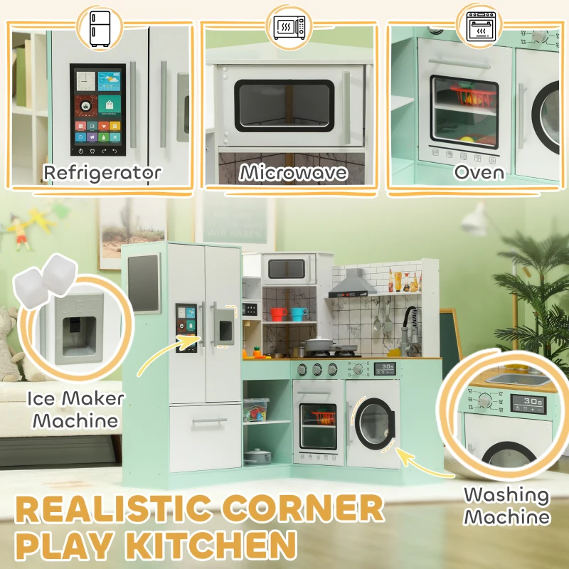 Qaba Play Kitchen, Corner Kids Kitchen Playset w/ Chalkboard, Range Hood, Ice Maker, Stove, Microwave, Sound & Lights