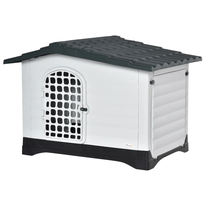 PawHut Plastic Dog House Puppy Kennel Pet Shelter with Raised Base Window Door for Large Medium Dogs Indoor & Outdoor 44"L x 33"W x 31.5"H Grey, White