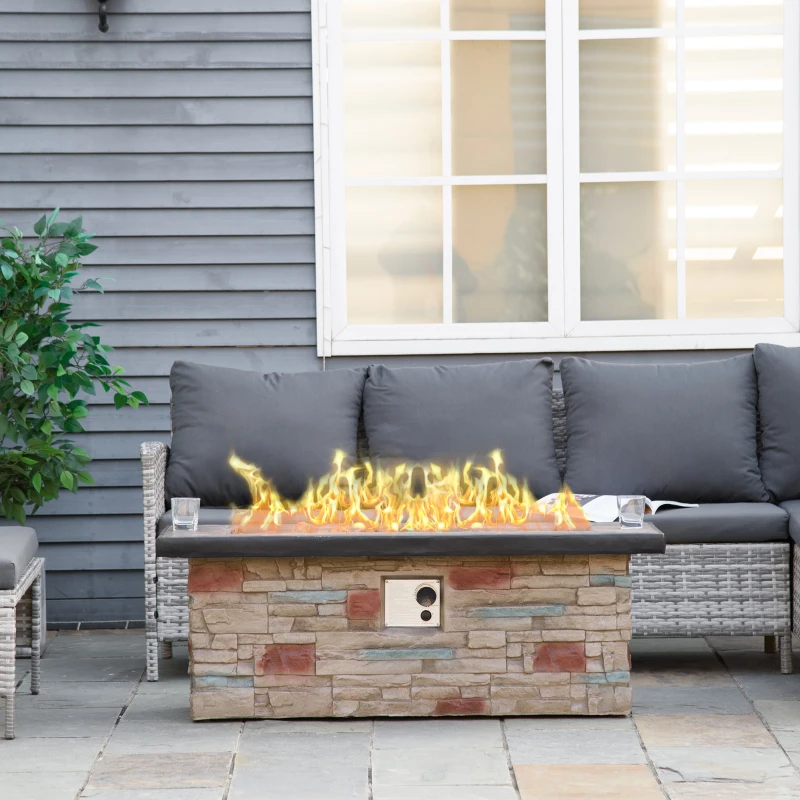 Outsunny 48 Inch Outdoor Propane Gas Fire Pit Table, 50,000 BTU Auto-Ignition Rectangular Faux Ledge Stone Gas Firepit with Lava Rocks and Rain Cover, CSA Certification, Brown