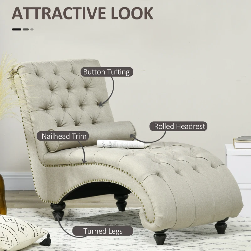 HOMCOM Button Tufted Chaise Lounge Chair Indoor Upholstered Lounge Chair with Bolster Pillow Wood Legs Nailhead Trim for Living Room Bedroom Home Office Beige