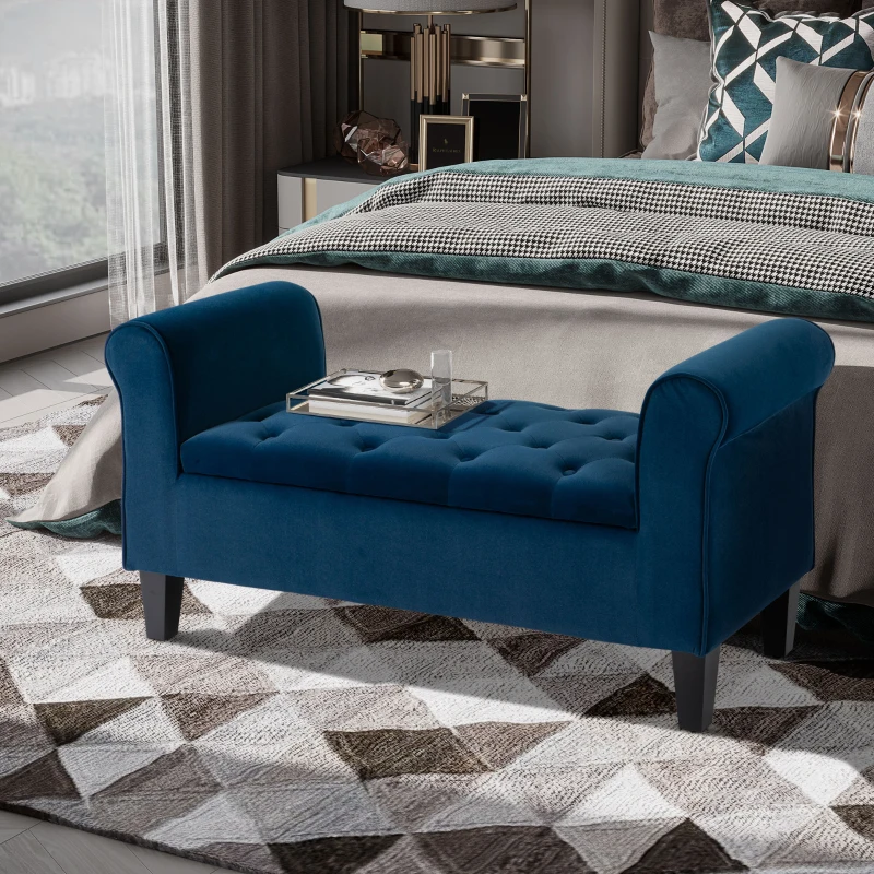 HOMCOM Button-Tufted Storage Ottoman Bench, Upholstered Bench with Rolled Armrests for Living Room or Hallway, Blue