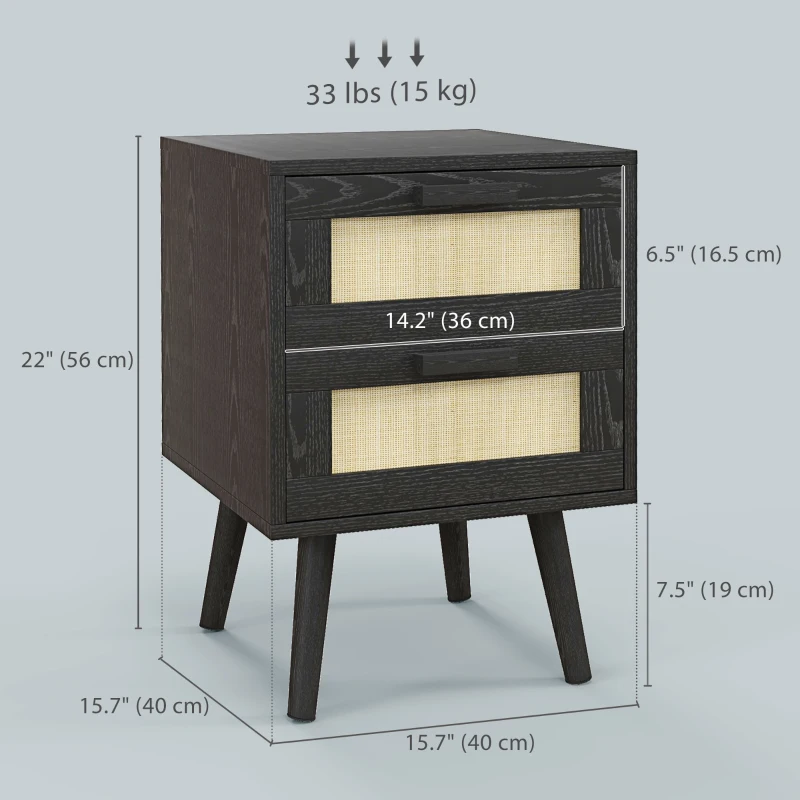 HOMCOM Boho Nightstands Set of 2, Bedside Tables with 2 Drawers for Living Room, Bedroom, Black
