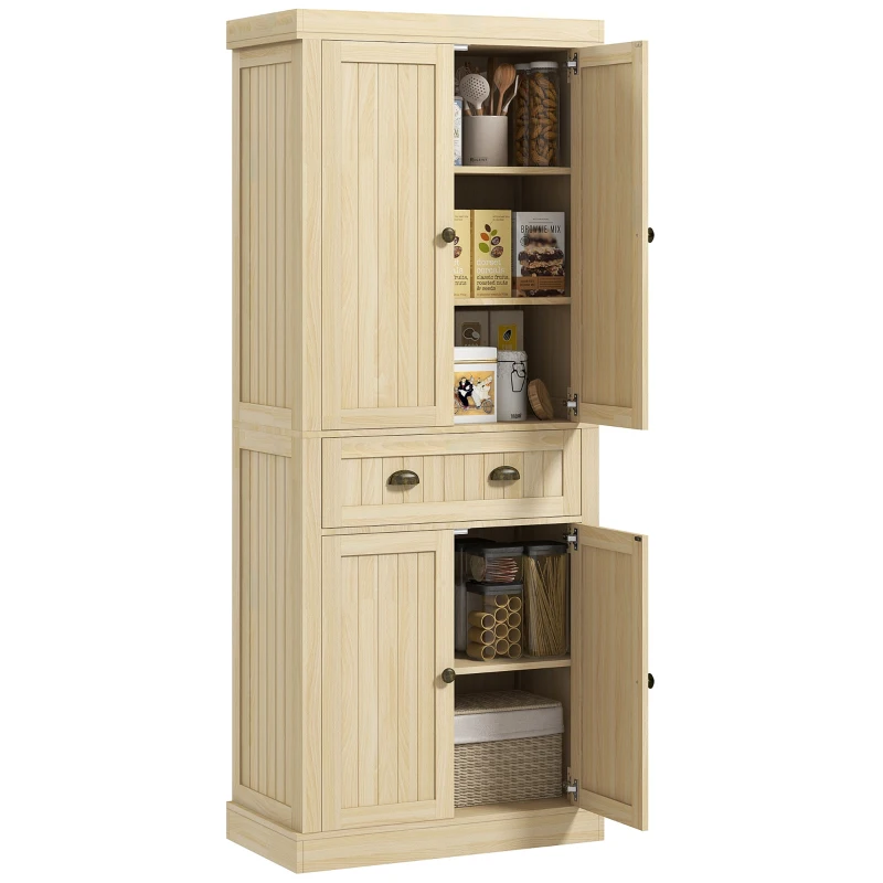 HOMCOM 72" Kitchen Cabinet, Kitchen Pantry Cabinet with 4 Doors, 2 Adjustable Shelves and Drawer, Nature Wood