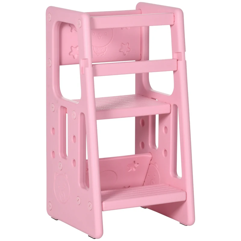 Qaba Toddler Tower with Adjustable Height, Anti-slip Mat, Toddler Step Stool, Pink