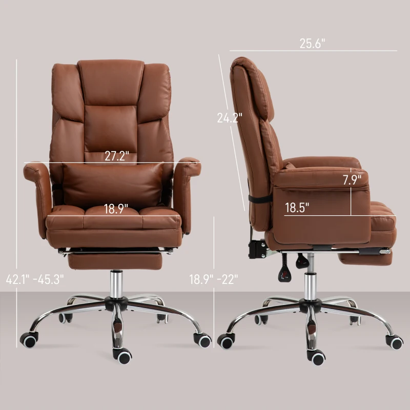 HOMCOM Executive Office Chair with Footrest and Lumbar Support, PU Leather Desk Chair, Ergonomic, Reclining and Swivel, Brown