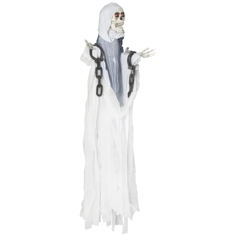 Outsunny 60" Life Size Outdoor Halloween Decorations Hanging Grim Reaper in White Robe, Animated Prop with Sound and Motion Activated Light Up Eyes, Howling and Chain Sound