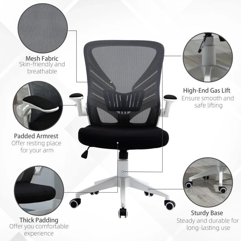 Vinsetto Mid-Back Mesh Home Office Chair Computer Task Ergonomic Desk Chair with Lumbar Back Support, Flip-Up Arm, and Adjustable Height, Grey