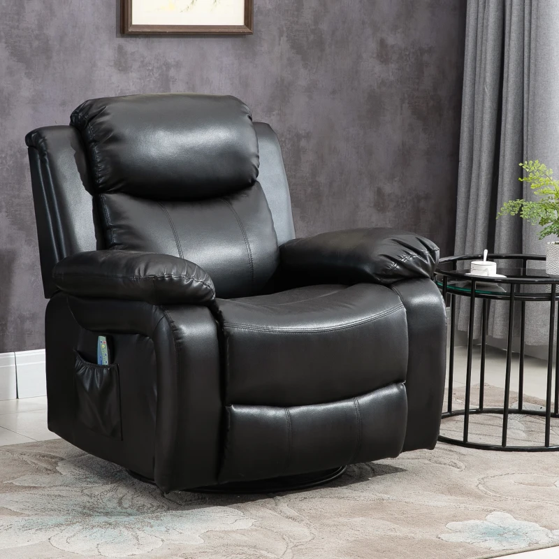 HOMCOM PU Leather Massage Recliner Chair, Swivel Rocker Sofa with Remote Control, Footrest, Padded Seat, Manual Reclining Chair for Living Room, Bedroom, Black
