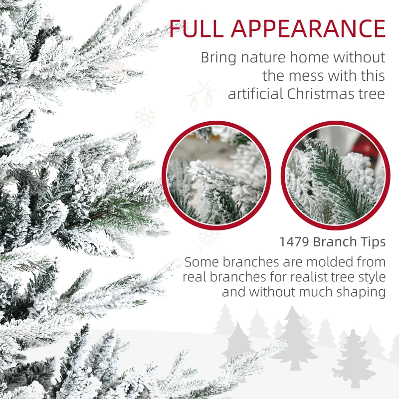 HOMCOM 8 Foot Pine Snow Flocked Artificial Christmas Tree with 1479 Realistic Cedar Branches, Auto Open, Home Holiday Decoration, Green