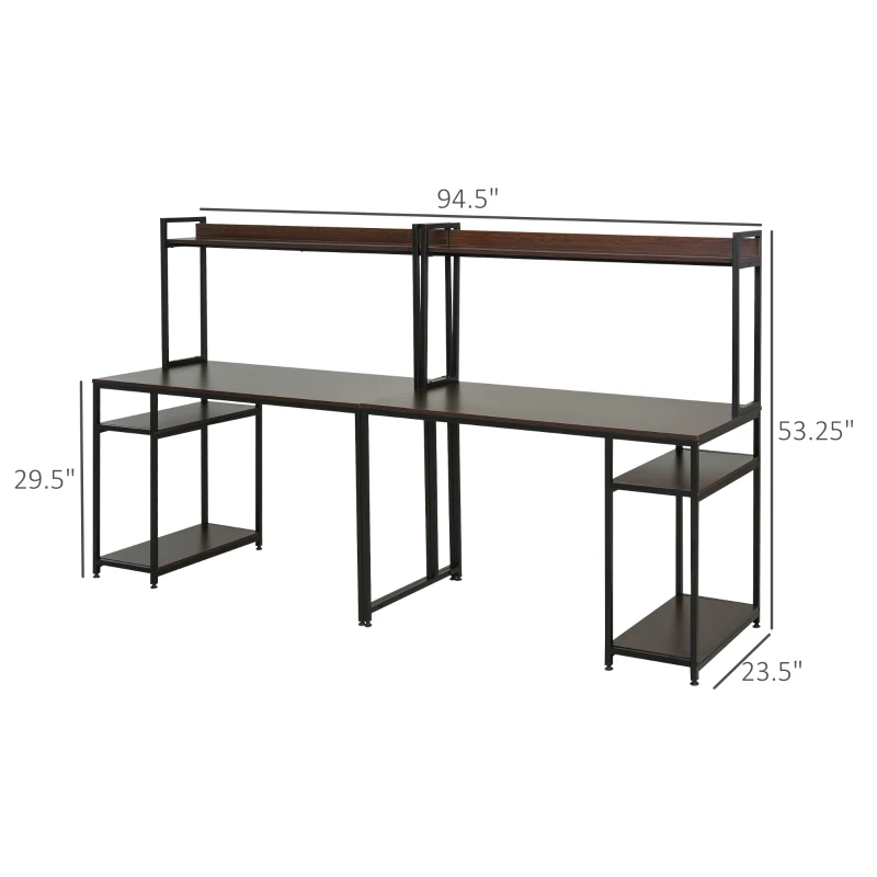 HOMCOM 94.5in Industrial Double Computer Desk with Hutch and Storage Shelves, Extra Long Two Person Home Office Desk, Writing Table Workstation for 2 People with CPU Stand, Brown Wood Grain
