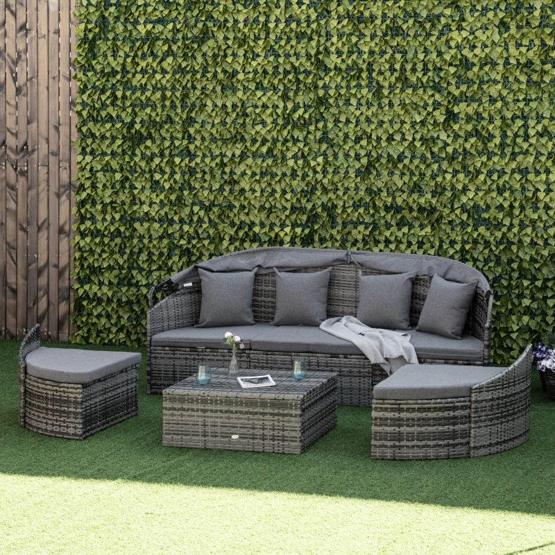 Outsunny 4 Pieces Patio PE Wicker Round Daybed, Outdoor Rattan Garden Lounge Furniture Sets, Grey