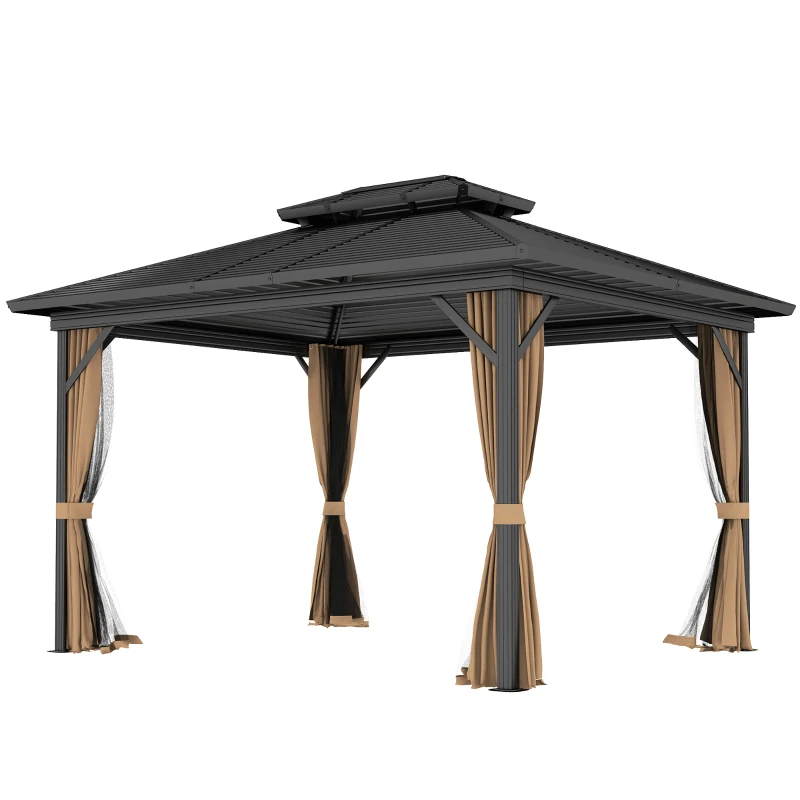 Outsunny 10' x 12' Hardtop Gazebo, Sun Shelter with Double Tier Metal Roof, Mosquito Netting, and Hanging Hook, Dark Brown