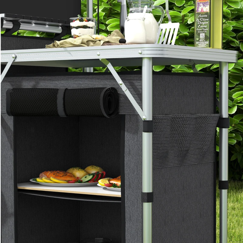 Outsunny Aluminum Camping Kitchen, Portable Folding Camping Table with Fabric Cupboards, Windshield, Bag for BBQ, Picnic, Black