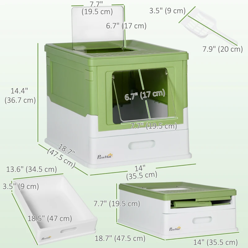 PawHut Top Entry Enclosed Kitty Litter Box with Scoop, Tray, Front Entry, Large Space, Foldable, Portable, Dark Green