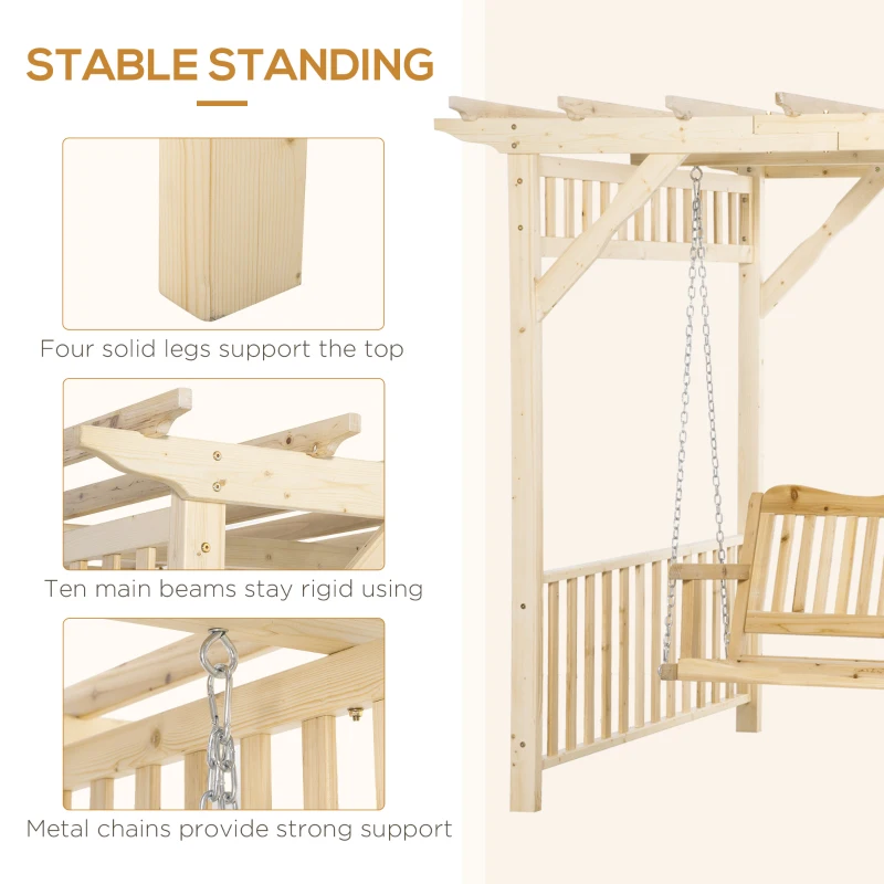 Outsunny Patio Swing Chair with Pergola, 2-Person Wooden Gazebo Swing Bench Sun Shelter for Garden, Poolside, Backyard, Deck