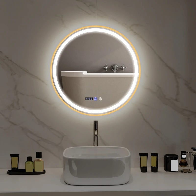 HOMCOM 28" Round Bathroom Mirror with LED Lights, Wall Mounted Vanity Mirror with Anti-Fog Pad, Time and Temp Display, Gold