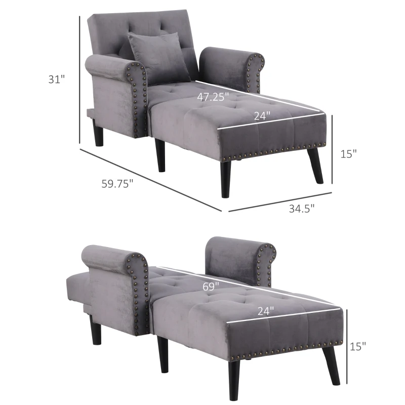 HOMCOM 2-In-1 Chaise Lounge Indoor with Rolled Armrest, Nailhead Trim and Button Tufting, Adjustable Velvet Fabric Upholstered Sofa for Bedroom and Living Room, Grey